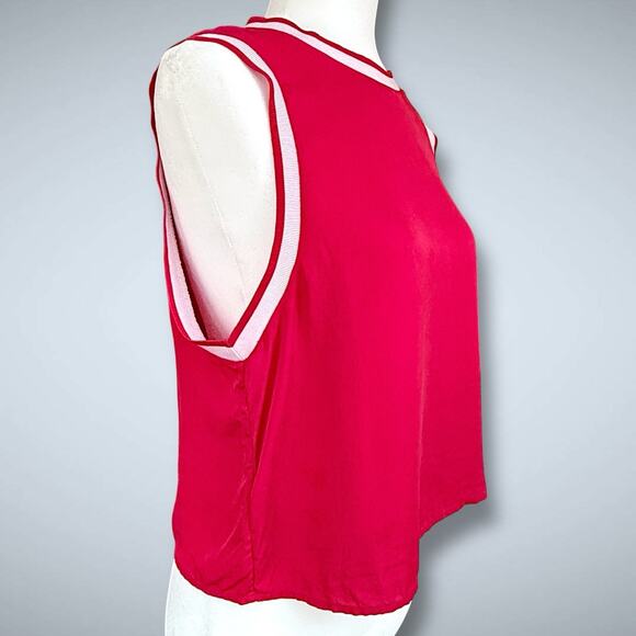Theory Bonda Silk Tank Top Red White Trim Sleeveless Knit Collar Quiet Luxury M - Picture 5 of 13
